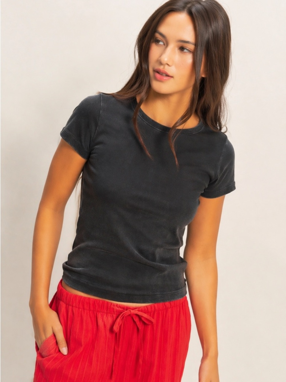 Double Zero Cotton Mineral Wash Black Fitted Crew Neck Tee Large Cropped Basic